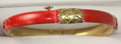 Vintage Red Enamel Slim Hinged Bangle Bracelet Signed SANDOR