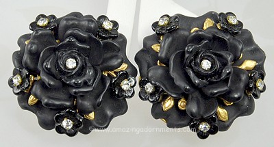 Outrageous Giant Rose and Rhinestone Earrings Signed STANLEY HAGLER NYC