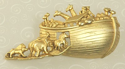 Lovely Noah's Ark Gold- tone Brooch Signed AJC