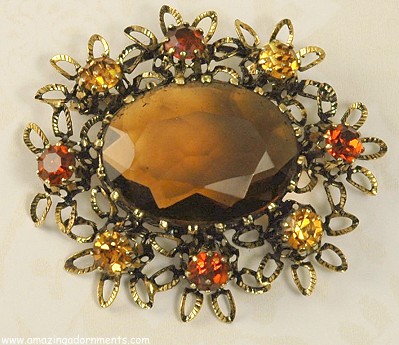 Vintage Signed MADE in AUSTRIA Rhinestone Brooch in Fall Shades