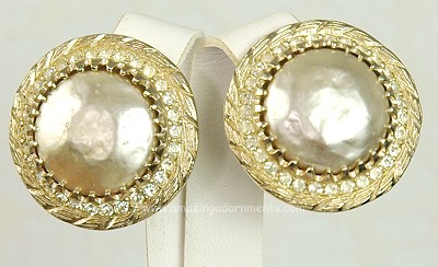 Vintage Signed BERGERE Freshwater Baroque Faux Pearl and Rhinestone Earrings