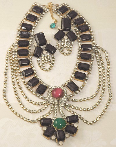 Showgirl Rhinestone and Glass Bib Necklace and Earring Set