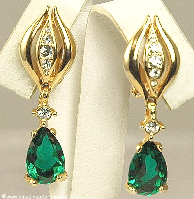 Glamorous Vintage Green and Clear Rhinestone Dangle Earrings