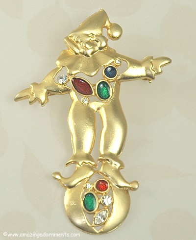 Gold- tone Harlequin Figural Balancing on Ball Brooch with Rhinestones and Inlay