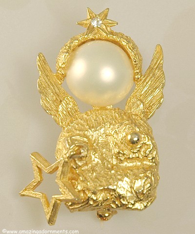 Darling Vintage Angel Brooch with Faux Pearl Head Signed HATTIE CARNEGIE