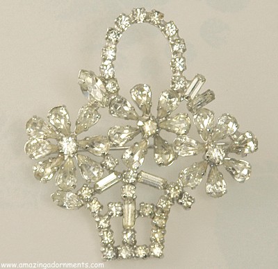 Lovely Rhinestone Flower Basket Pin Signed JAYFLEX STERLING