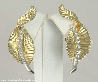 Divine Vintage Signed JOMAZ Curly Leaf Earrings with Clear Rhinestones