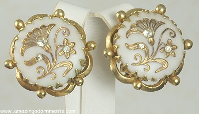 Vintage KRAMER of NY Glass Floral Motif Earrings with Rhinestones
