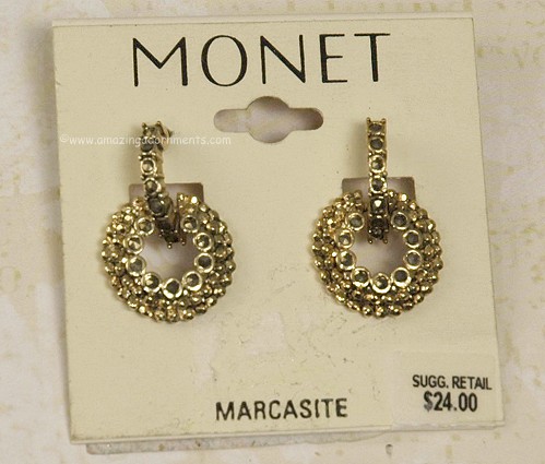 Signed MONET Marcasite Post Earrings on Card