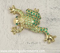 Adorable Shades of Green Rhinestone Frog Figural pin Signed MONET