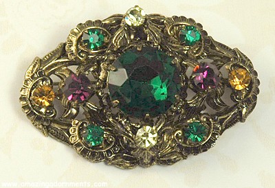 Elaborate Vintage Dimensional Jewel Colored Rhinestone Brooch