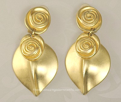 Heavy Matte Gold- tone Dangle Earrings Signed NORMA JEAN