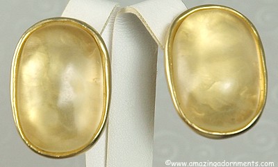 Chunky Opaque Stone Clip- on Earrings Signed NORMA JEAN