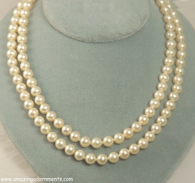 Vintage Single Strand Opera Length Faux Pearl Necklace with Sterling Clasp