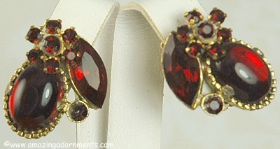 Vintage Ruby Red Rhinestone and Cabochon Earrings