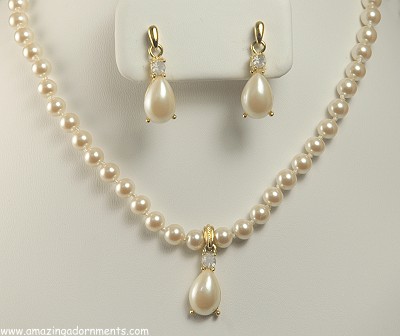 Real Look Knotted Faux Pearl Drop Necklace and Earring Set Signed RICHELIEU