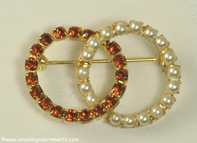 Classic Vintage Rhinestone and Faux Pearl Interlaced Double Circle Pin