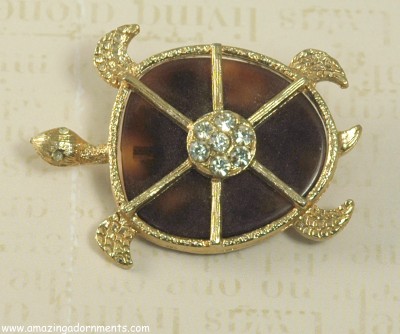 Vintage Faux Tortoise Shell and Rhinestone Turtle Figural Brooch