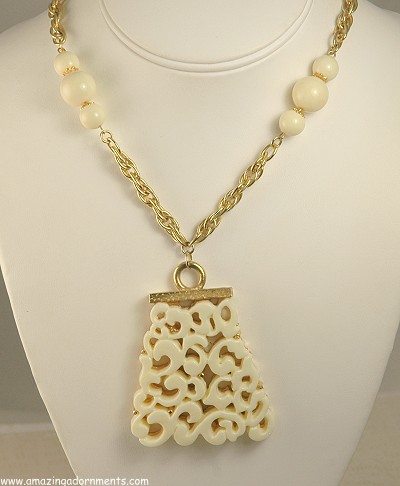 Fabulous Asian Inspired Faux Ivory Pendant Necklace Signed HOBE