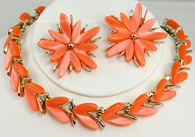 Vintage Signed CLAUDETTE Thermoplastic Necklace and Earring Set in Pumpkin