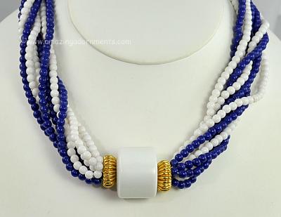 Fashionable Vintage Multi- strand Navy Blue and White Bead Necklace Signed LES BERNARD