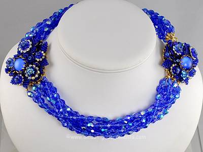 Spectacular Signed STANLEY HAGLER Blue Crystal Double Clasp Necklace