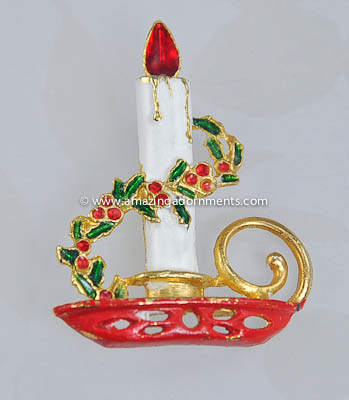 Vintage Rhinestone and Enamel Christmas Candle Pin