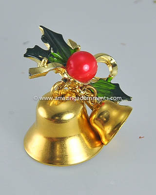 Cheerful Vintage Christmas Bells Pin with Moving Clappers and Enamel Holly
