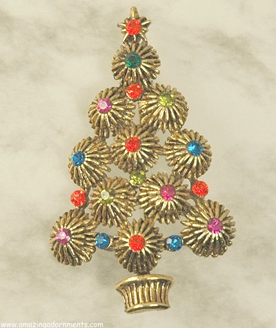 Ornate Multi- Colored Rhinestone Christmas Tree Pin Signed HEDY ~ BOOK PIECE