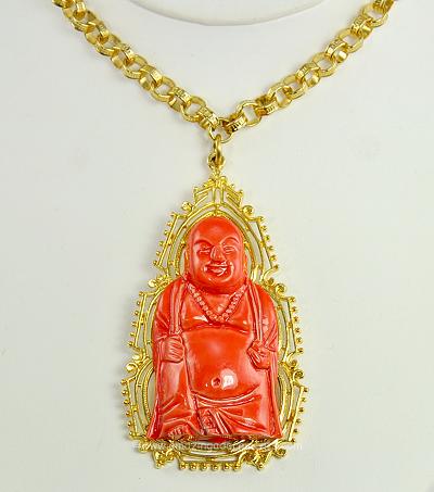 Vintage Rotund, Happy Seated Buddha Pendant Necklace Signed ART