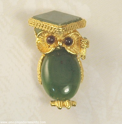 Vintage SWOBODA Jade Graduation Owl Pin with Red Stone Eyes
