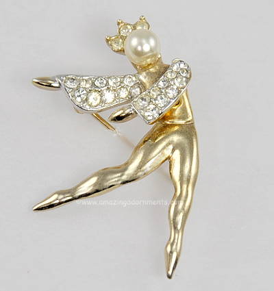 Suave Vintage Rhinestone and Faux Pearl Male Ballet Dancer Pin Signed KRAMER