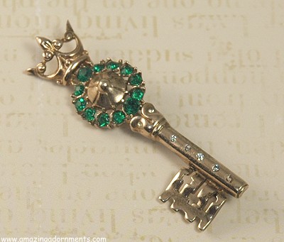 Majestic TRIFARI Sterling Emerald and Clear Rhinestone Key Pin~  BOOK PIECE