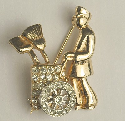 Uncommon Figural Street Sweeper Pin with Rhinestones Signed REINAD