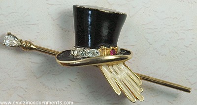 Impressive Hat Gloves and Cane Enamel and Rhinestone Pin Signed BSK MY FAIR LADY ~  BOOK PIECE