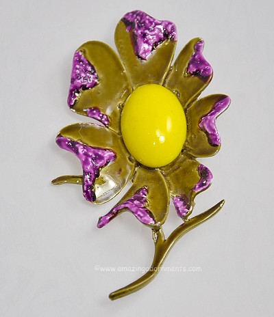 Large and Gorgeous Enamel Floral Pin Signed ART