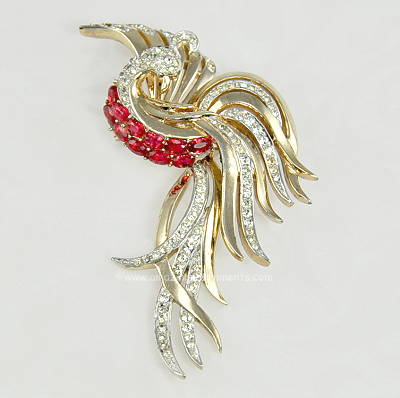 Vintage Signed MB BOUCHER Phrygian Cap Rhinestone 3D Bird Brooch