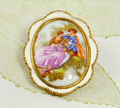 Romantic Vintage Fragonard Painted Porcelain Brooch/Pendant Signed TLM Made in England
