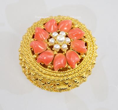 Vintage Signed Florenza Baby Tooth Faux Coral and Faux Pearl Trinket Box