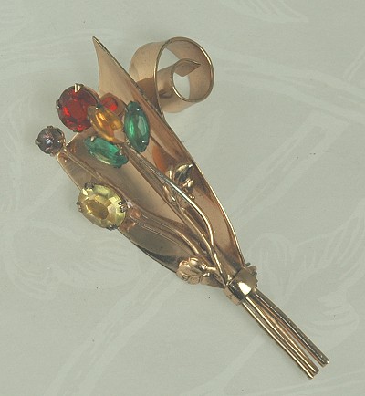 Signed CORO STERLING Long Stemmed Rhinestone Floral Brooch~  BOOK PIECE