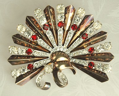 Magnificent MAZER Retro Sterling Fan Pin with Red and Crystal Rhinestones