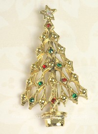 Vintage Signed TANCER II [Coro] Red and Green Rhinestone Christmas Tree Pin