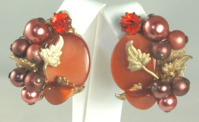 Vintage Cluster Earrings with Gilt Leaves and Rhinestones