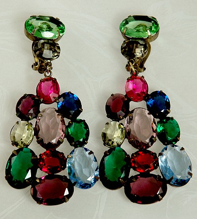 Mesmerizing Multi- colored Faceted Glass Vintage Earrings Signed HATTIE CARNEGIE