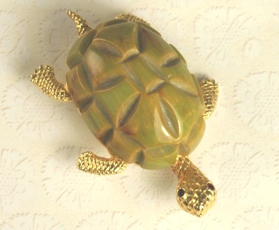 WOW! Exquisite Carved Bakelite Turtle Pin Signed CADORO ~ BOOK PIECE