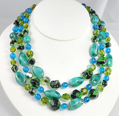 Tropical Vintage Glass Bead Triple Strand Necklace Signed REGENCY JEWELS