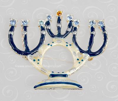 Pretty Rhinestone and Enamel Hanukah Menorah Pin Signed AS