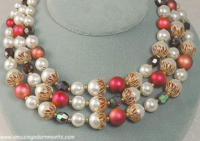 Glorious Vintage Triple Strand Bead, Glass and Faux Pearl Necklace Signed DEAUVILLE