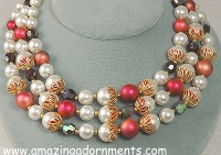 Glorious Vintage Triple Strand Bead, Glass and Faux Pearl Necklace Signed DEAUVILLE