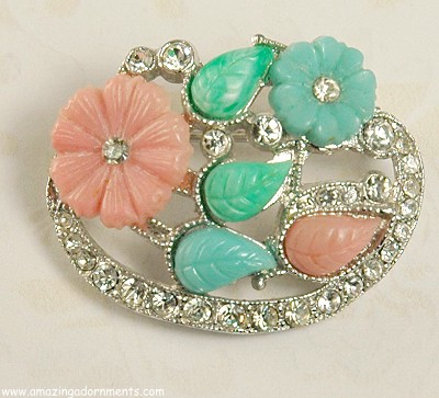 Inspired Stone and Rhinestone Floral Brooch Signed JERAY ~ Rice Weiner